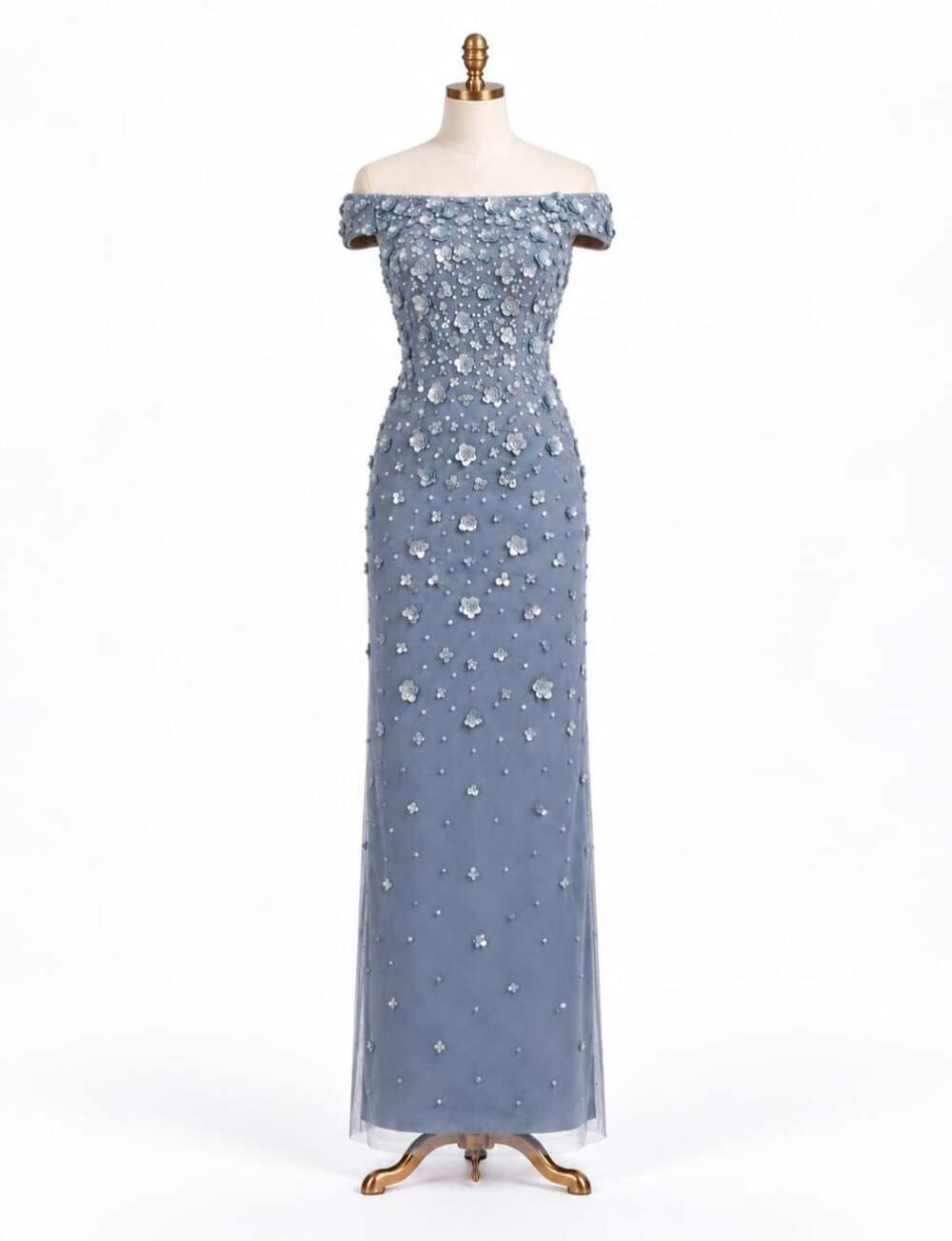 Adrianna Papell Size 16 Silver Mist Beaded Sequin Floral Off Shoulder Gown NWT